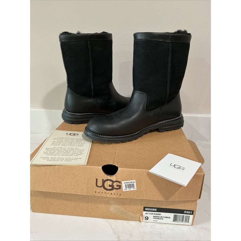 UGG Brooks Boots 5381 Black Leather Suede Shearling Lined Womens 9 Mid Calf LNIB - Picture 2 of 16